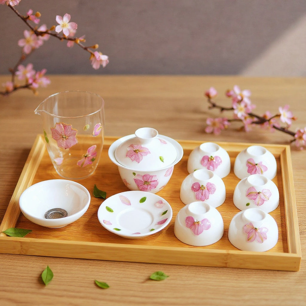 Luminous white porcelain gaiwan and teacups with cherry blossom petals embedded under glaze, arranged on a wood surface with fresh cherry blossom sprigs and dried botanicals, soft natural lighting, wide composition.