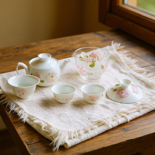 A serene tea setting with a warm-white porcelain gaiwan and teacups featuring raised floral relief, arranged on natural linen over wood, bathed in soft natural light.