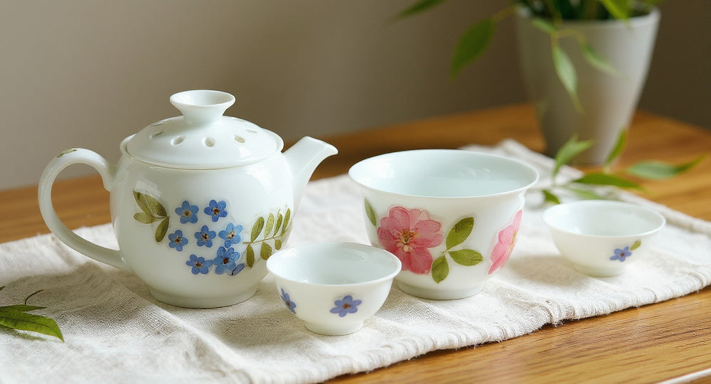 Handmade Bone China Tea Set Preserved Flowers on aged wood tray with dried pampas grass and petals