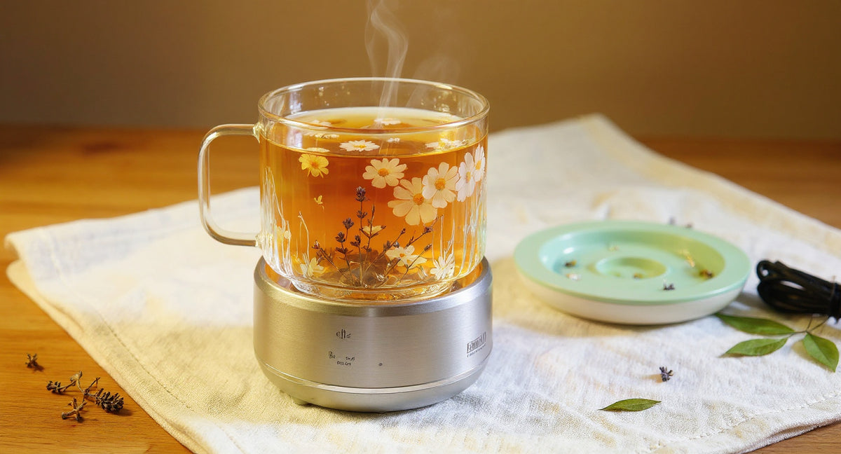 Handmade Floral Glass Electric Tea Cup Set with preserved flowers and golden herbal tea on linen.
