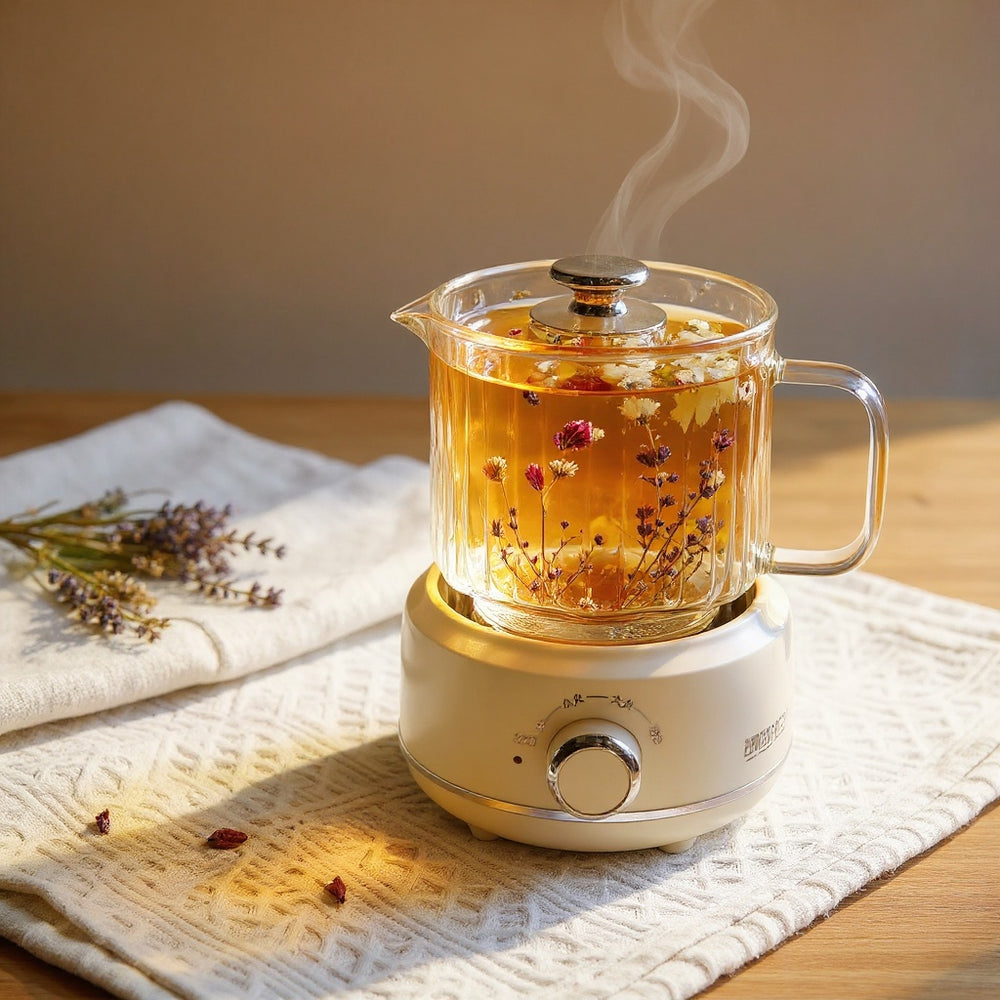 Clear glass tea cup with real flower petals on warming base