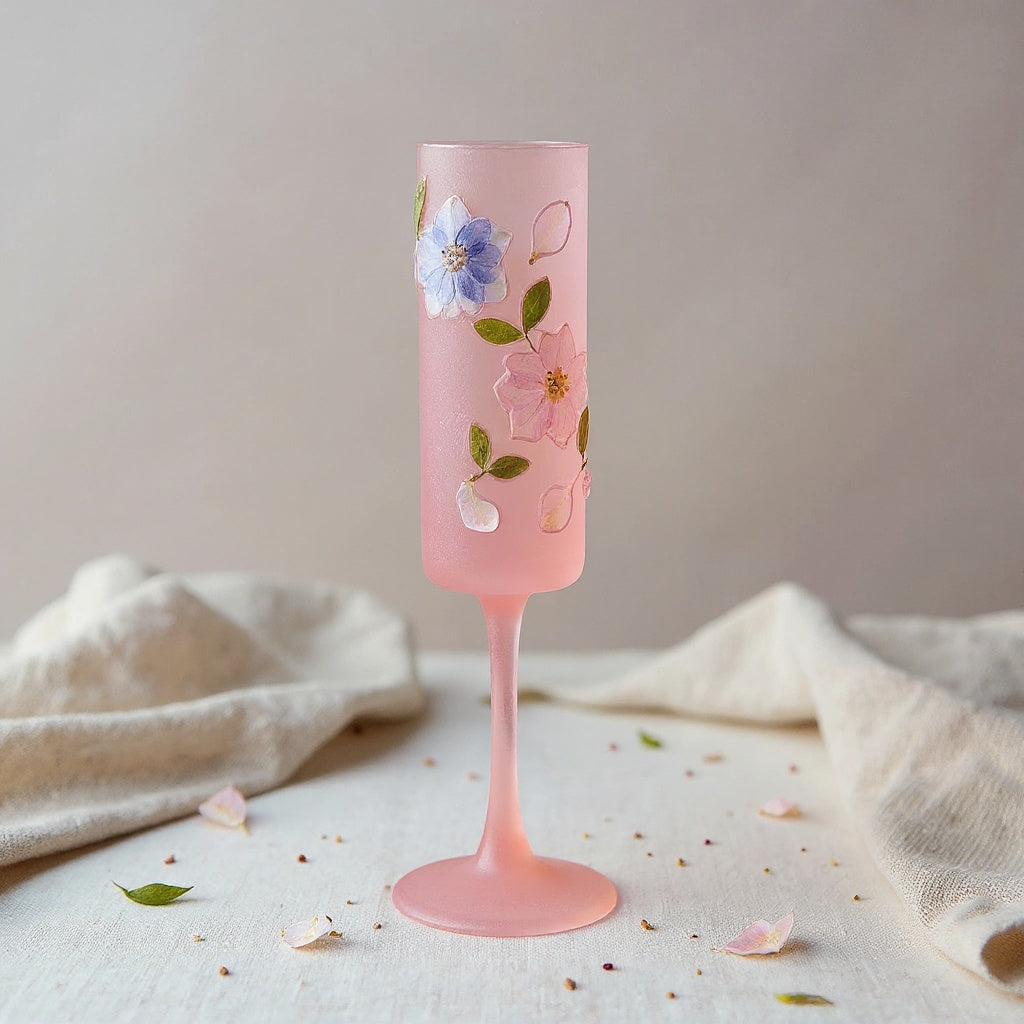 Eco resin floral champagne flute with real sakura petals on a pastel background with soft lighting.