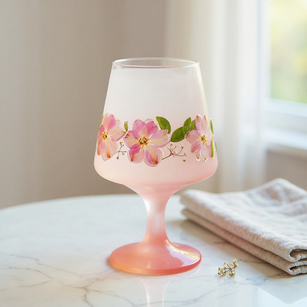 Frosted glass stem cup with pink ombre and real dried flowers on marble surface