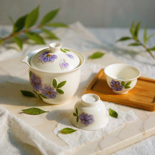 Semi-translucent porcelain gaiwan and teacups with embedded dried flower petals on a neutral surface with botanical accents.