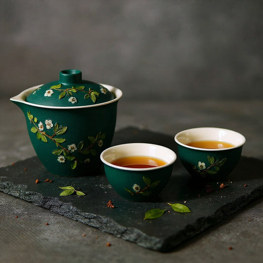Matte black ceramic teapot and cups with botanical design on dark slate, surrounded by dried petals and tea leaves under soft side-light.
