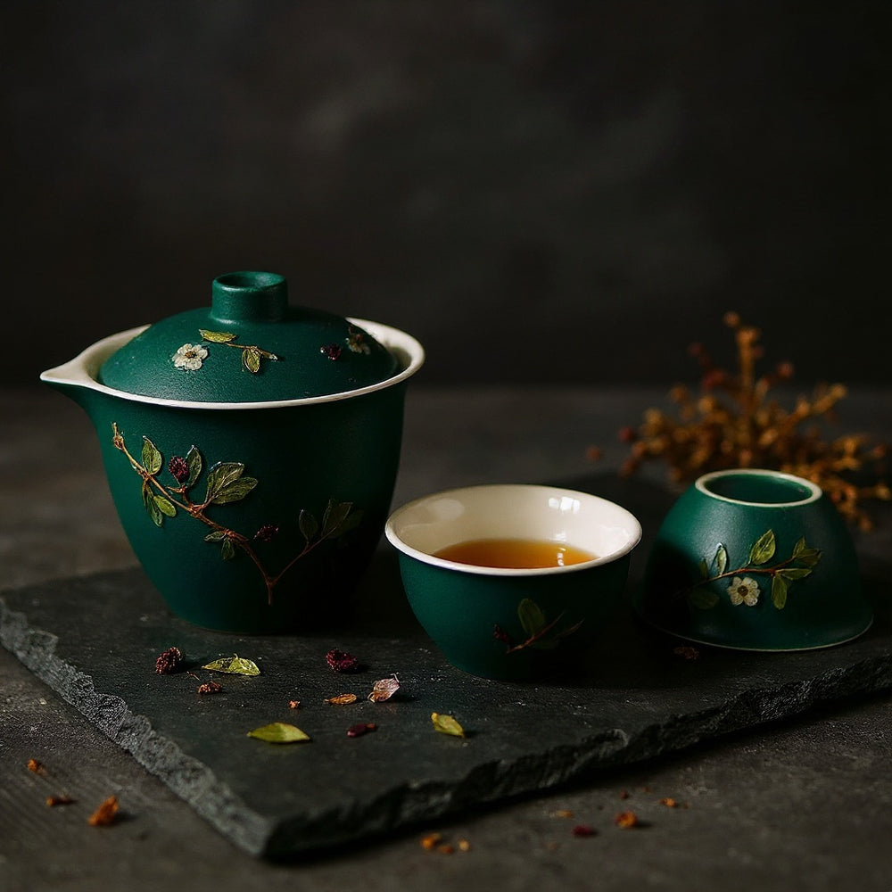 Matte black ceramic teapot with embedded dried flower petals and matching cups on dark slate, surrounded by loose tea leaves and dried botanicals in soft side-light.