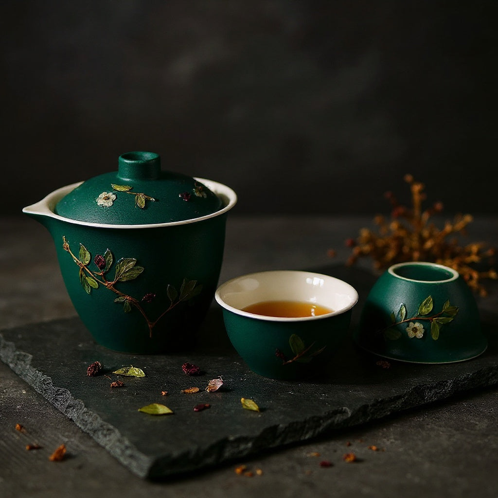 Matte black ceramic teapot with embedded dried flower petals and matching cups on dark slate, surrounded by loose tea leaves and dried botanicals in soft side-light.
