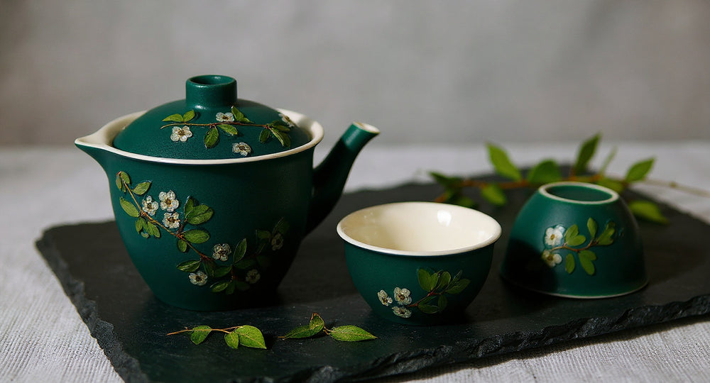 Handmade Black Ceramic Tea Set with preserved flowers on dark slate, tea leaves and rose buds.