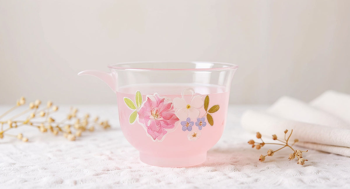 Gradient Pink Butterfly Glass Cup Real Preserved Flowers Botanical Tea Mug 400ml on linen runner