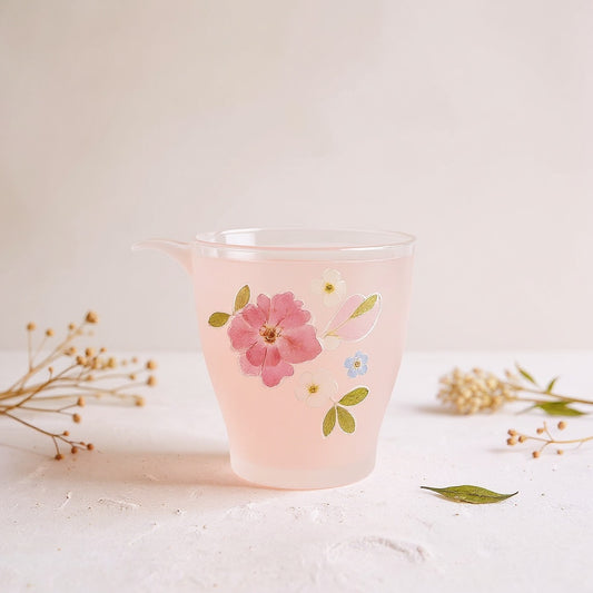 Delicate glass cup with pink gradient and real preserved flowers, surrounded by loose dried botanicals on a neutral background, wide editorial composition.