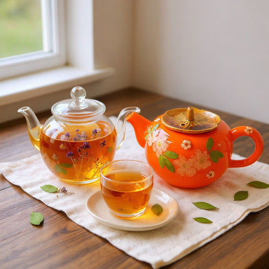 Cottagecore tea set with glass teapot and cups featuring embedded dried flowers on a rustic linen tablecloth, bathed in soft window light.