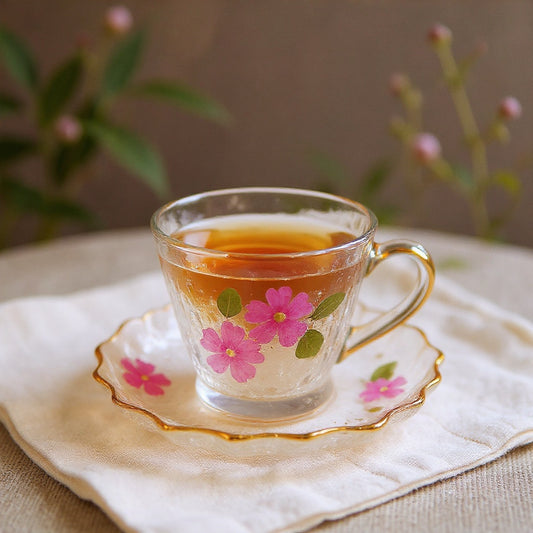 A delicate glass tea cup and saucer with real pressed flowers and gold rim, placed on a linen cloth with a soft botanical bokeh background, bathed in warm natural light.