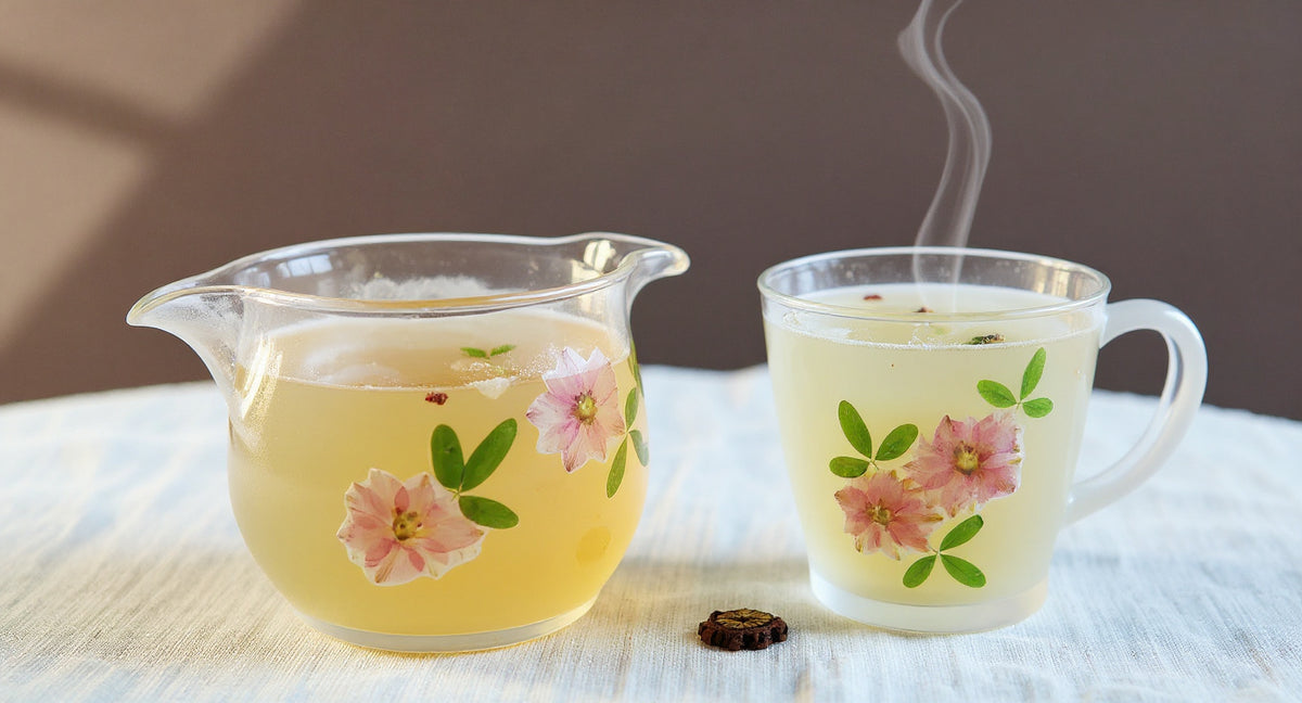 Handmade Frosted Glass Gaiwan Set with real preserved flowers on linen