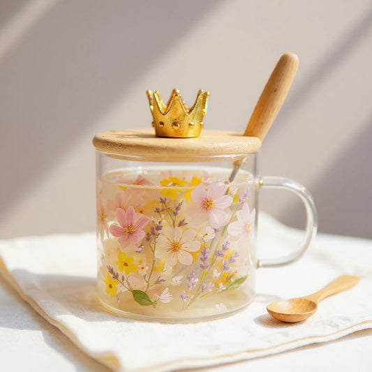 Handmade clear glass mug with real pressed flowers, bamboo lid, and wooden spoon on linen background in soft natural light.