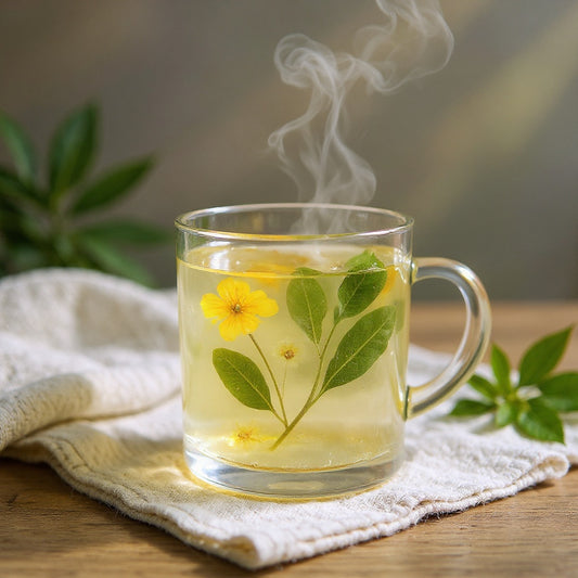 A clear glass mug with raised preserved pink petals and green leaves under glossy resin, resting on a linen cloth on a wooden table, steam rising, soft sage bokeh background.