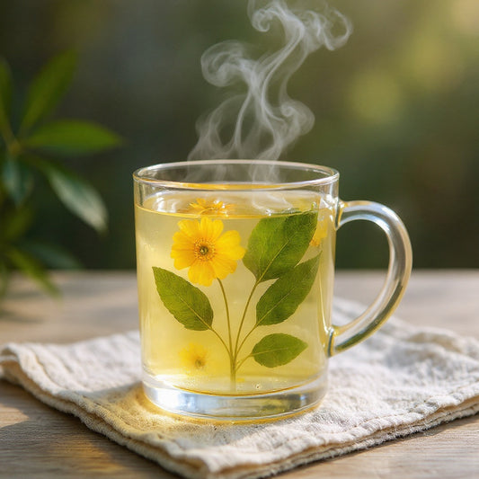 Clear glass mug with raised preserved flower petals and green leaves under eco-resin surface, steam rising from hot drink, placed on a linen cloth, warm lighting, bokeh background.
