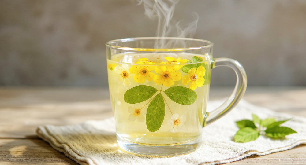 Handmade Preserved Flower Glass Mug on linen runner with dried eucalyptus and soft steam.