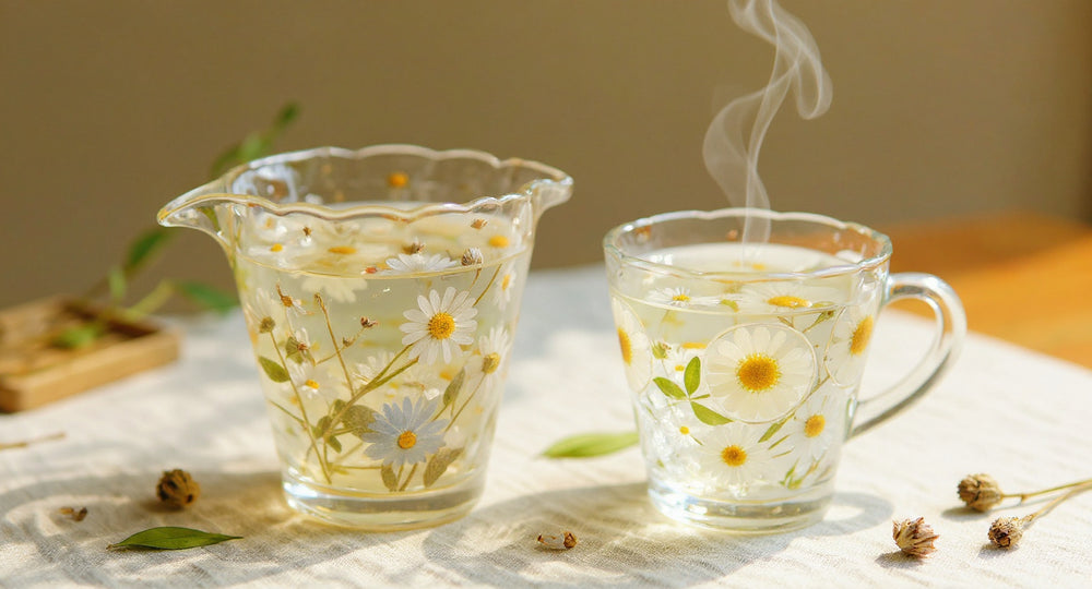 Handcrafted Gaiwan Fair Cup Set with real preserved daisies on linen runner
