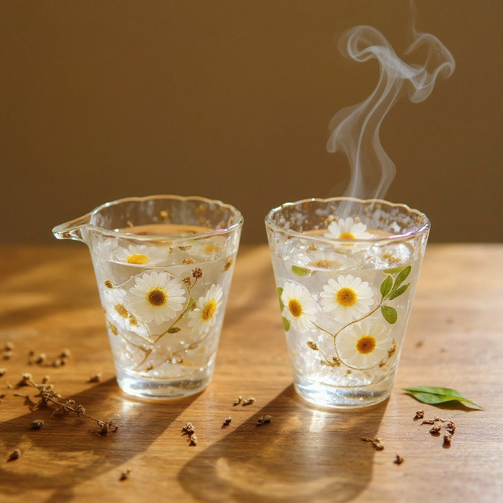 Elegant glass gaiwan and fair cup with preserved daisies, steam rising on wooden surface.