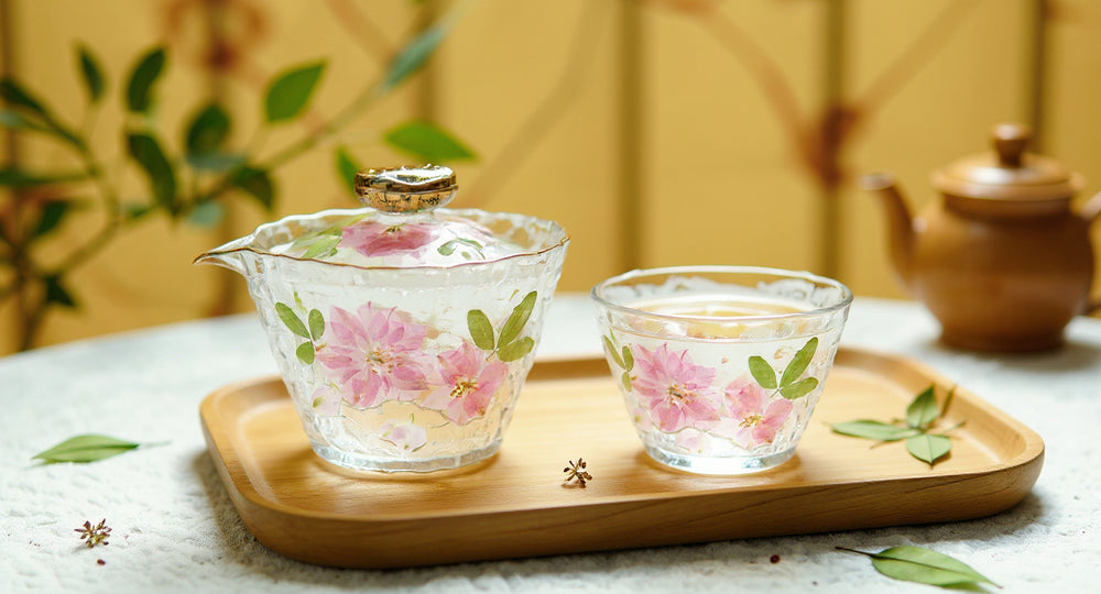 Handcrafted Floral Gaiwan Fair Cup Set with Real Preserved Flowers on wooden tray