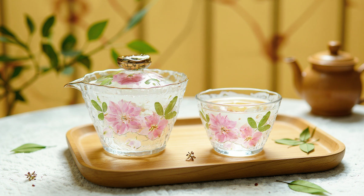 Handcrafted Floral Gaiwan Fair Cup Set with Real Preserved Flowers on wooden tray