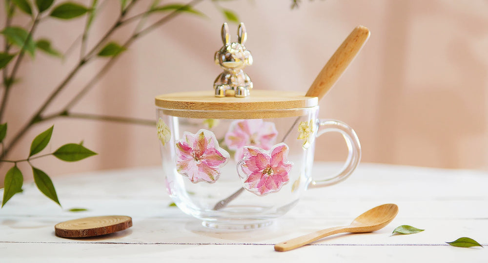 Handmade Real Flower Resin Glass Mug with bamboo lid, spoon, croissant and eucalyptus
