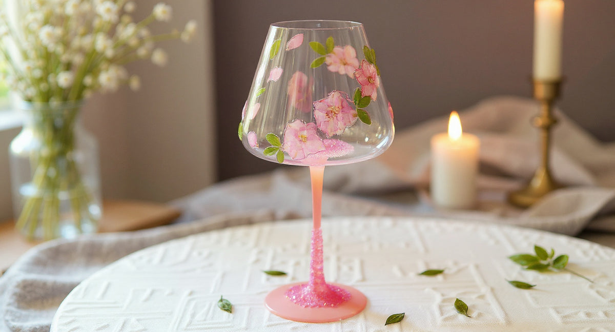 Handcrafted pink wine glass with real preserved floral relief on marble