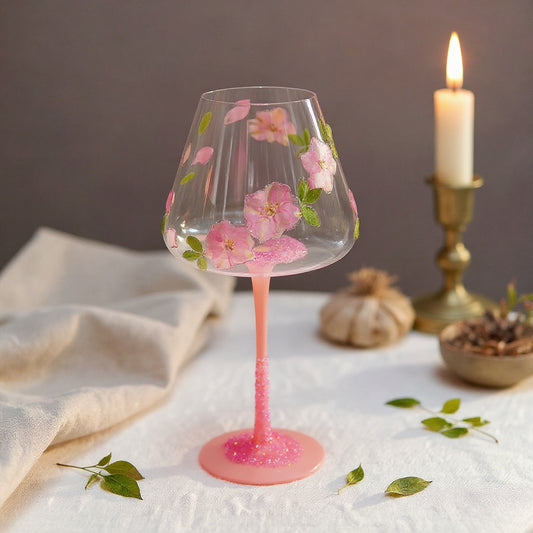 Hero image of a pink-tinted wine glass with embedded dried flowers on an elegantly set table.