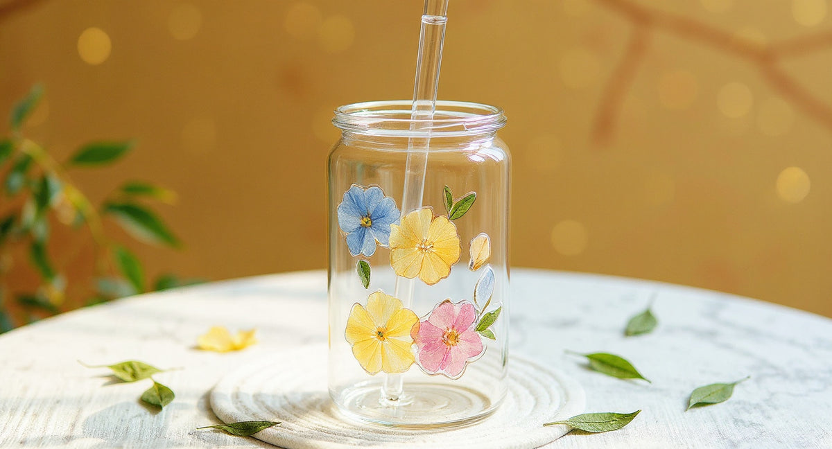 Pampasroom Handmade Glass Tumbler Real Preserved Flowers 600ml on marble with glass lid and straw.