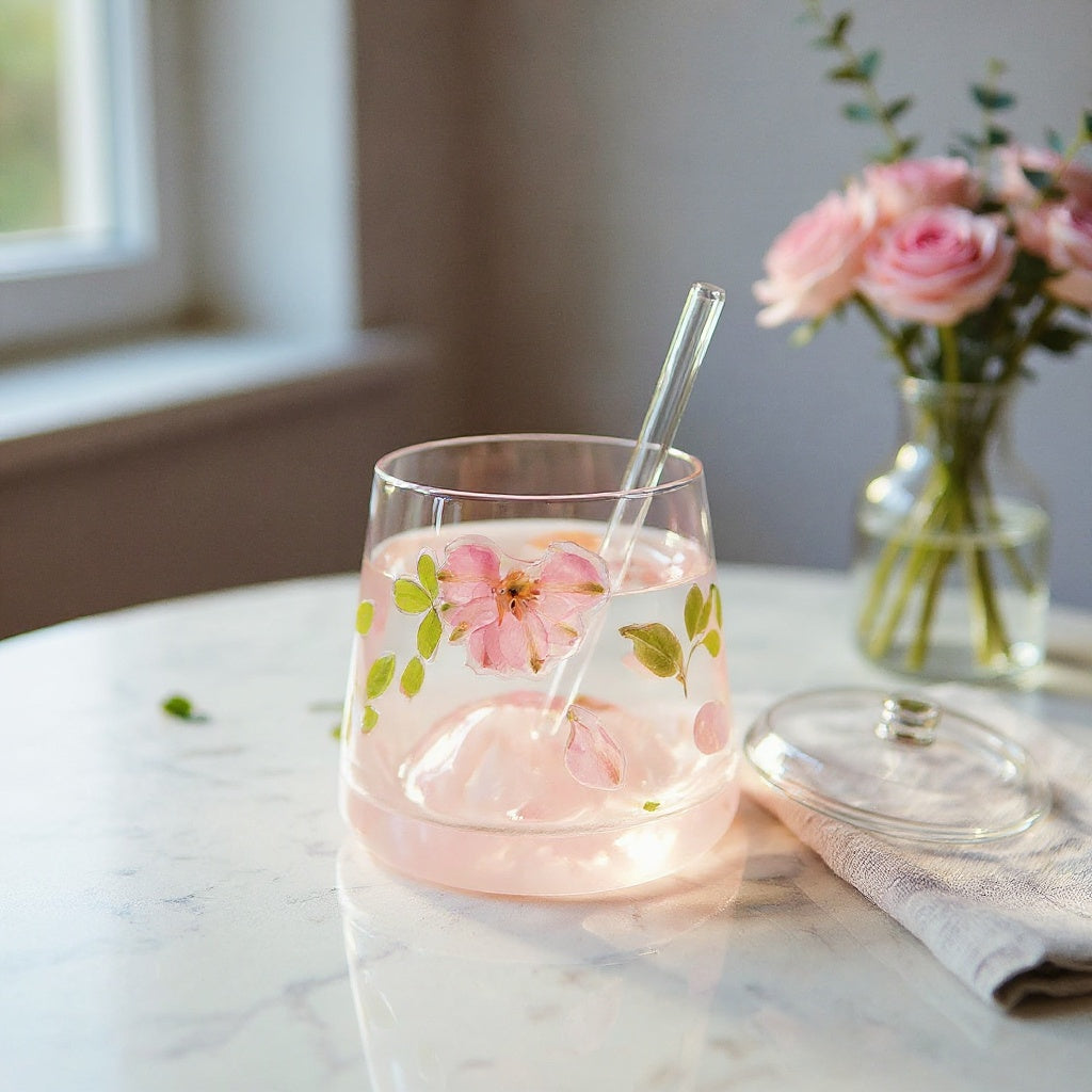 Clear stemless glass cup with embedded pink flower petals and green leaves, with lid and straw, styled on marble with fresh botanicals.