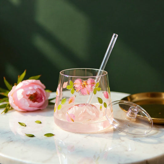 Handcrafted floral stemless wine glass with real embedded pink petals on marble with peonies