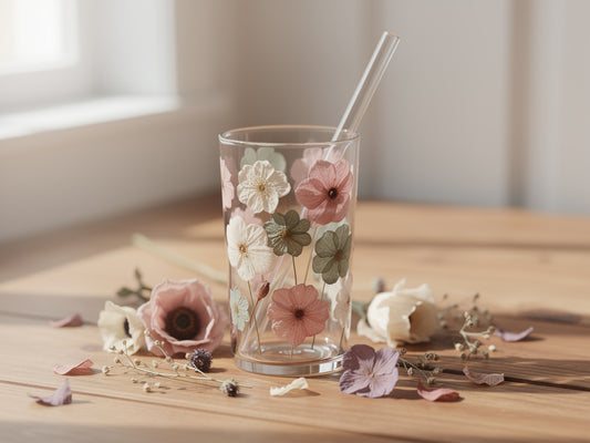 Artisan glass tumbler with dried flowers on wooden table in sunlight