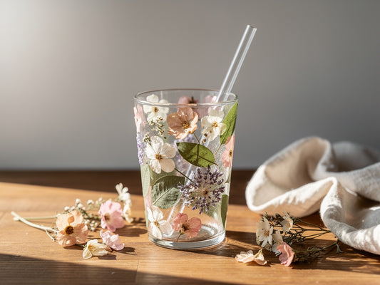 Boho aesthetic glass tumbler with botanical design on a wooden surface surrounded by dried flowers, soft morning light