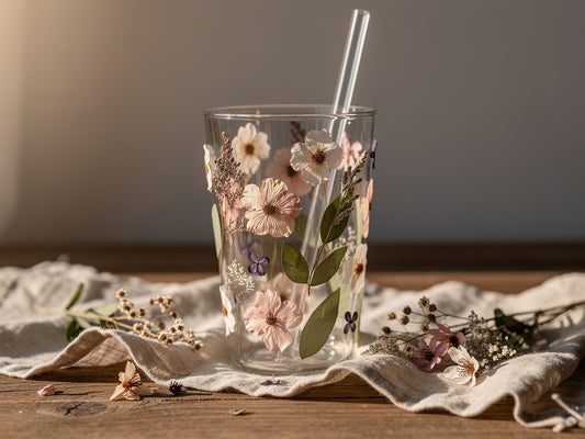 Nature inspired reusable glass tumbler with botanical raised relief and straw, styled on a wooden surface with dried flowers in soft morning light.