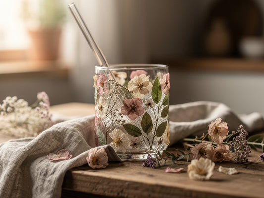 Handmade borosilicate glass tumbler with dried flowers on a wooden table surrounded by loose botanicals and soft morning light.