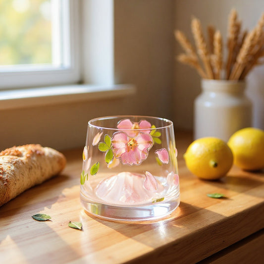 Real pressed flower glass tumbler on rustic kitchen countertop with cottagecore accents