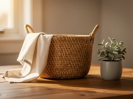 Handwoven rattan basket in a sunlit room