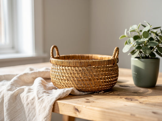 Handwoven rattan basket in a sunlit room