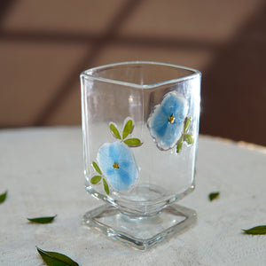 Short Square Glass Cup with Real Preserved Flowers