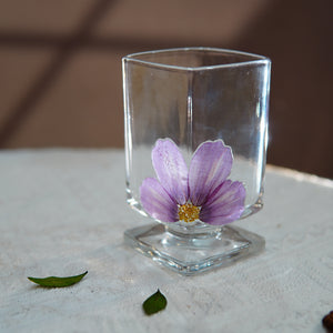 Short Square Glass Cup with Real Preserved Flowers