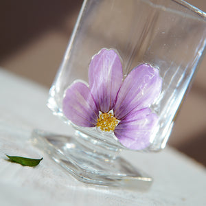 Short Square Glass Cup with Real Preserved Flowers