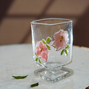 Short Square Glass Cup with Real Preserved Flowers