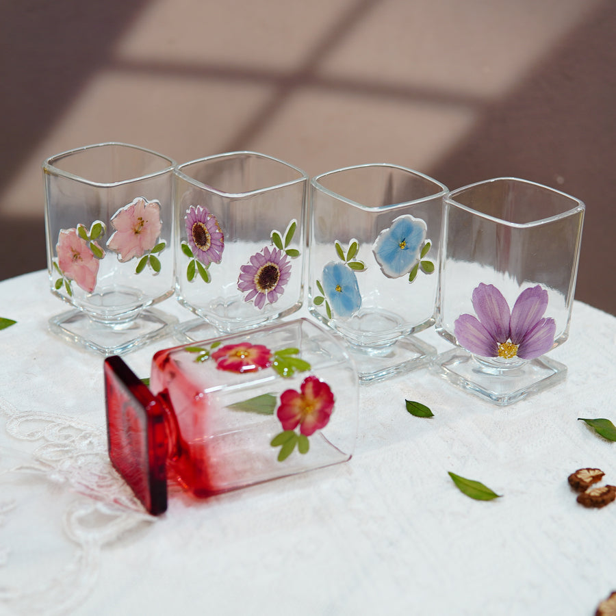 Short Square Glass Cup with Real Preserved Flowers