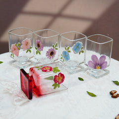 High-End Short Square Whiskey Glass with Real Flowers