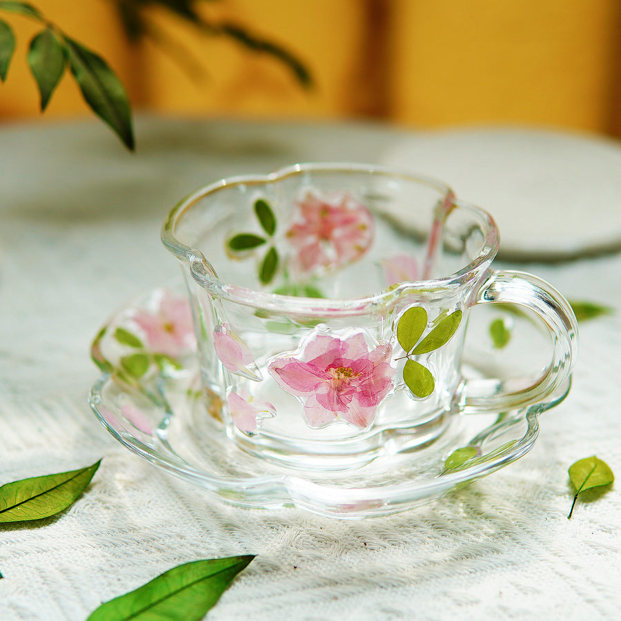 Handcrafted Pressed-Flower Relief Glass Coffee Cup Saucer