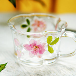 Handcrafted Pressed-Flower Relief Glass Coffee Cup Saucer