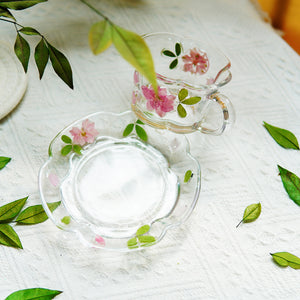 Handcrafted Pressed-Flower Relief Glass Coffee Cup Saucer