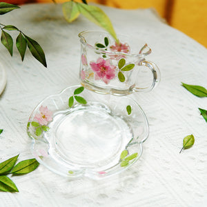 Handcrafted Pressed-Flower Relief Glass Coffee Cup Saucer