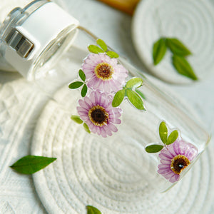 Glass Cup with Preserved Flowers, Lid & Straw