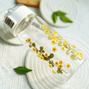 Glass Cup with Preserved Flowers, Lid & Straw